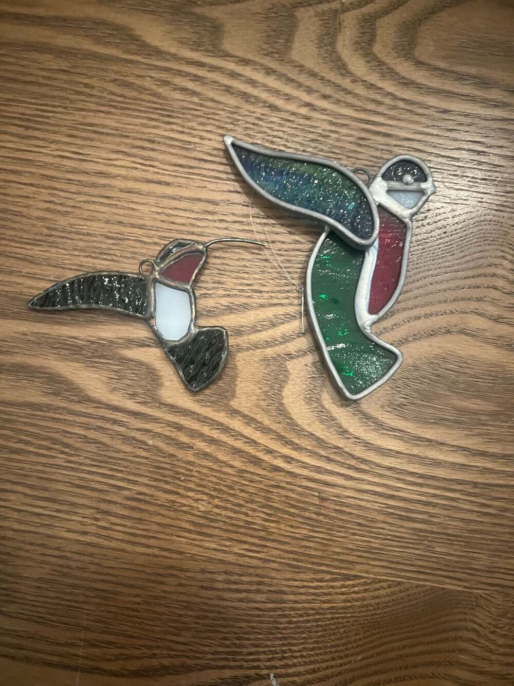 Set of 2 Vintage Stained Glass Hummingbird Suncatchers